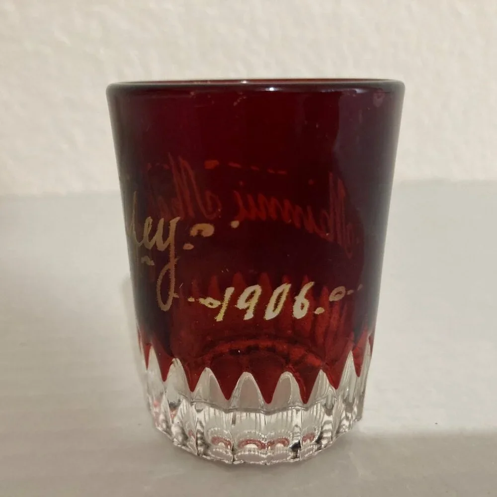 Antique Ruby Stained Pattern Glass Toothpick Holder Minnie Mahaffey 1906